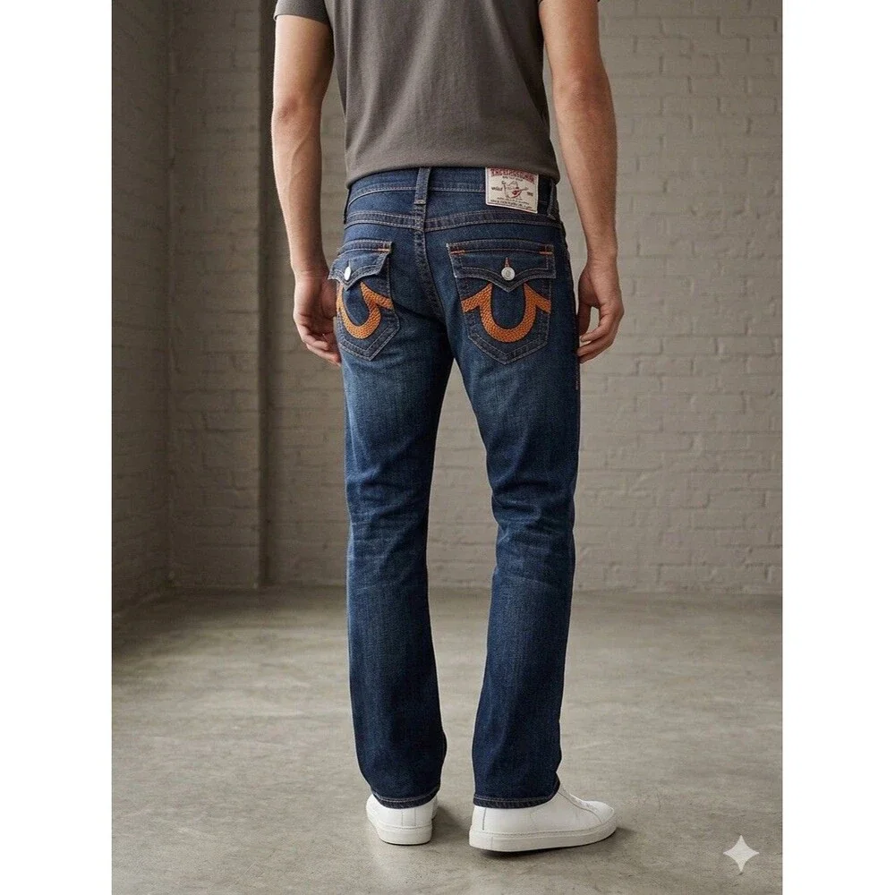 True Religion Joey Super T Jeans Men's 30x32 Dark Wash Flap Pocket Orange Stitch